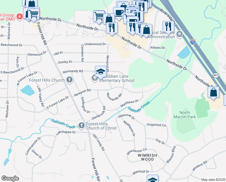 map of restaurants, bars, coffee shops, grocery stores, and more near 1035 Newport Road in Macon