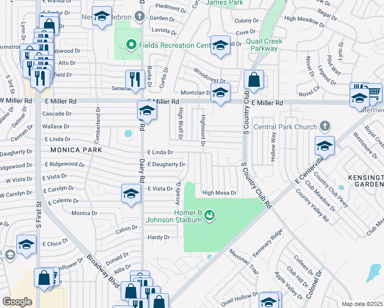 map of restaurants, bars, coffee shops, grocery stores, and more near 2302 Arcady Dr in Garland