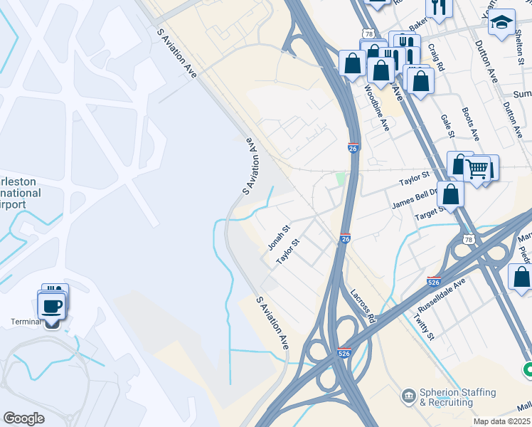 map of restaurants, bars, coffee shops, grocery stores, and more near 2525 Celestial Court in North Charleston