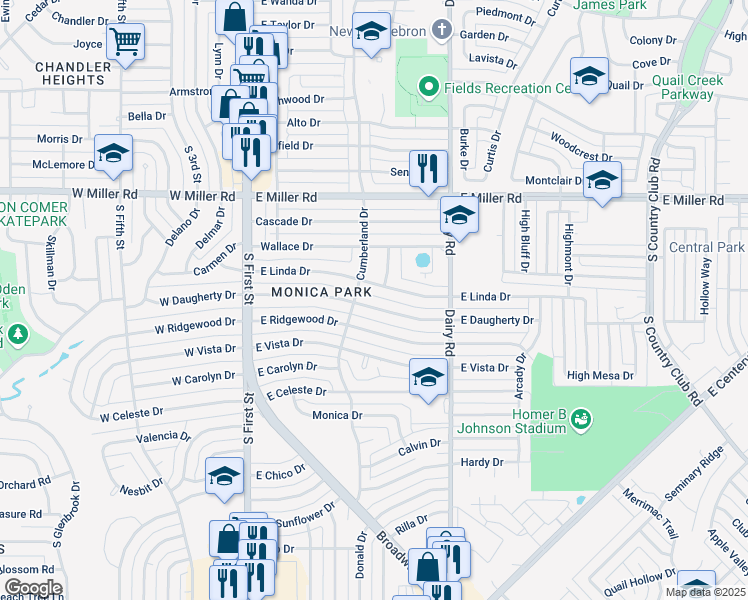 map of restaurants, bars, coffee shops, grocery stores, and more near 515 East Daugherty Drive in Garland