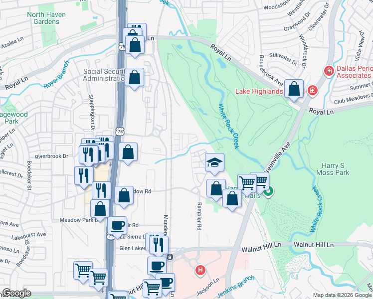 map of restaurants, bars, coffee shops, grocery stores, and more near Meadow Road in Dallas