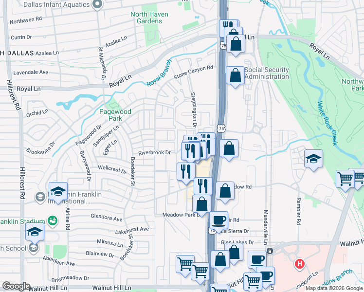 map of restaurants, bars, coffee shops, grocery stores, and more near 7879 Riverfall Drive in Dallas