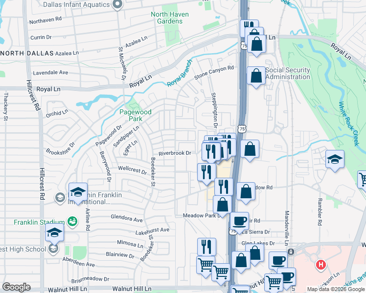 map of restaurants, bars, coffee shops, grocery stores, and more near 10570 Stone Canyon Road in Dallas