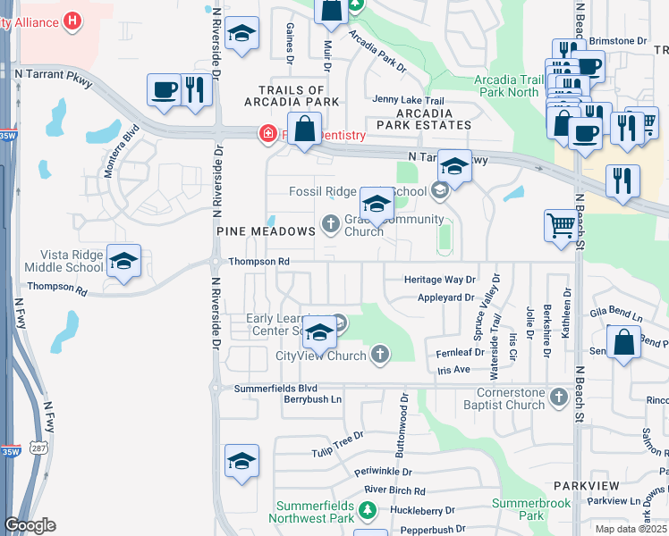 map of restaurants, bars, coffee shops, grocery stores, and more near 8133 Fox Chase Drive in Fort Worth
