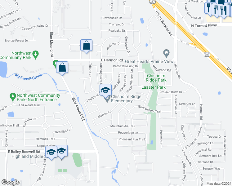 map of restaurants, bars, coffee shops, grocery stores, and more near 8413 Prairie Fire Drive in Fort Worth