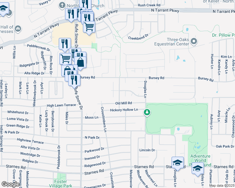 map of restaurants, bars, coffee shops, grocery stores, and more near 7713 Western Oaks Dr in North Richland Hills