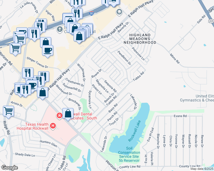 map of restaurants, bars, coffee shops, grocery stores, and more near 137 Sequoia Road in Rockwall