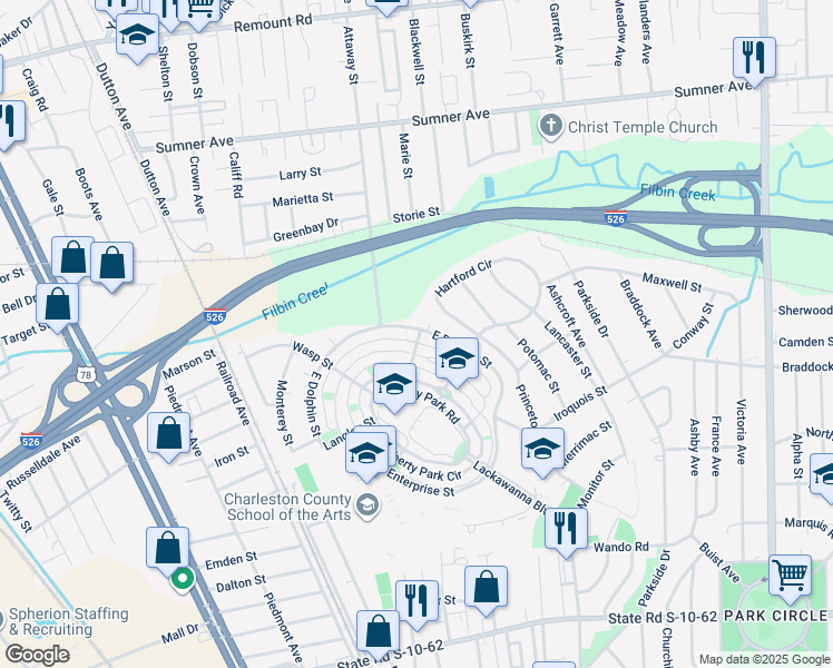 map of restaurants, bars, coffee shops, grocery stores, and more near 5258 East Dolphin Street in North Charleston