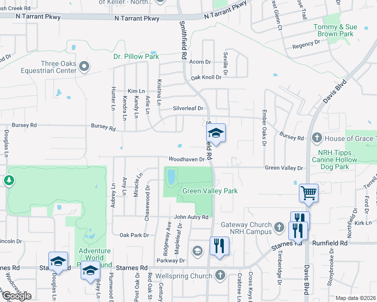 map of restaurants, bars, coffee shops, grocery stores, and more near 7804 Vineyard Court in Fort Worth