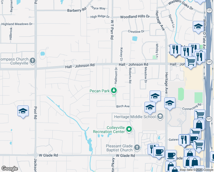 map of restaurants, bars, coffee shops, grocery stores, and more near 4154 Mapleridge Drive in Grapevine