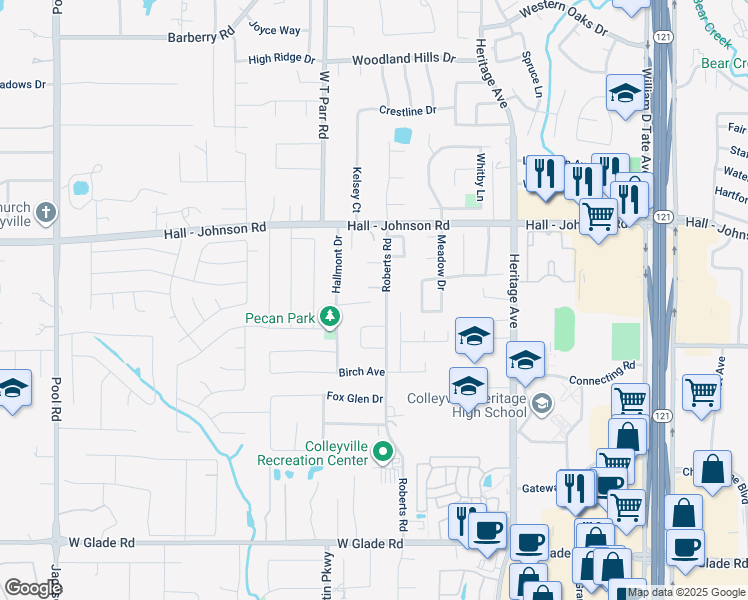 map of restaurants, bars, coffee shops, grocery stores, and more near 3229 Meredith Ln in Grapevine