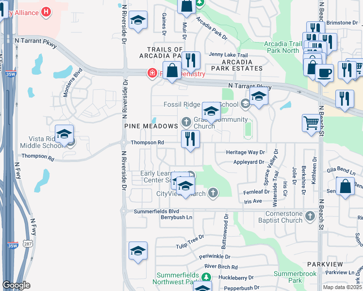 map of restaurants, bars, coffee shops, grocery stores, and more near 8133 Fox Chase Drive in Fort Worth