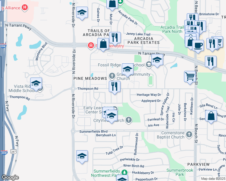 map of restaurants, bars, coffee shops, grocery stores, and more near 8133 Fox Chase Drive in Fort Worth