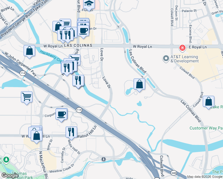 map of restaurants, bars, coffee shops, grocery stores, and more near 6220 Love Drive in Irving