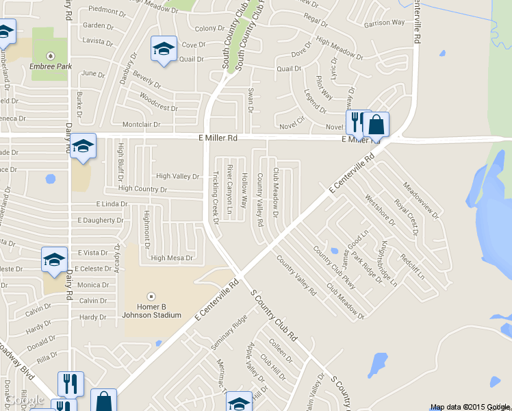 map of restaurants, bars, coffee shops, grocery stores, and more near 2405 Country Valley Rd in Garland