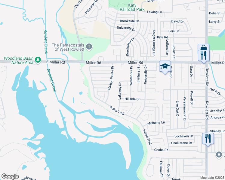 map of restaurants, bars, coffee shops, grocery stores, and more near 3202 Harbor Pointe Drive in Rowlett