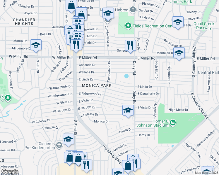 map of restaurants, bars, coffee shops, grocery stores, and more near 515 East Daugherty Drive in Garland