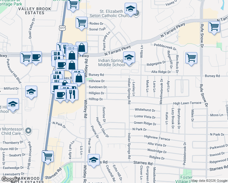 map of restaurants, bars, coffee shops, grocery stores, and more near 6017 Hillglen Drive in Watauga