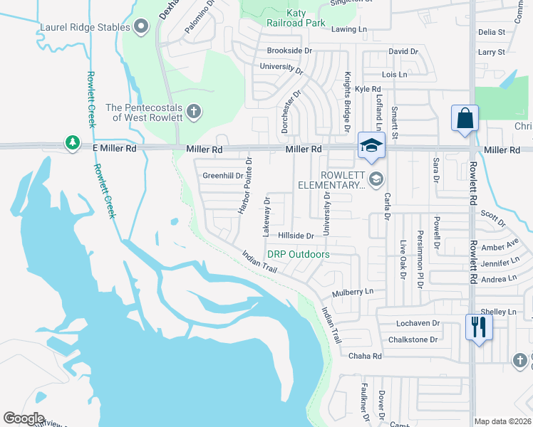 map of restaurants, bars, coffee shops, grocery stores, and more near 1800 Lakeway Drive in Rowlett