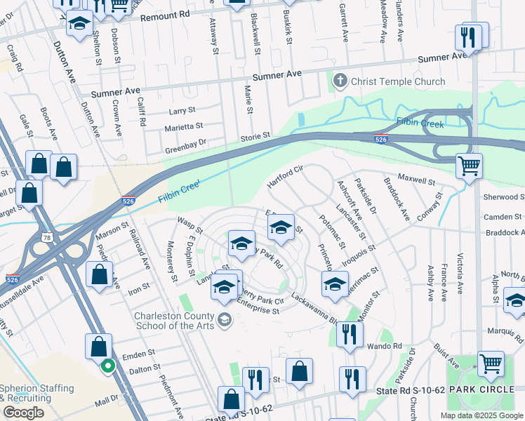 map of restaurants, bars, coffee shops, grocery stores, and more near 5262 East Dolphin Street in North Charleston