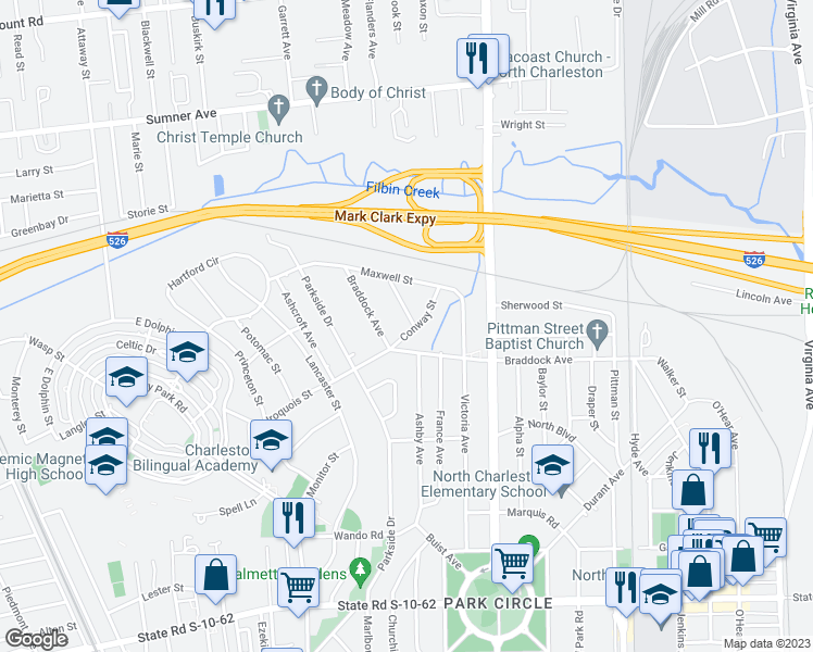 map of restaurants, bars, coffee shops, grocery stores, and more near 5131 Conway Street in North Charleston