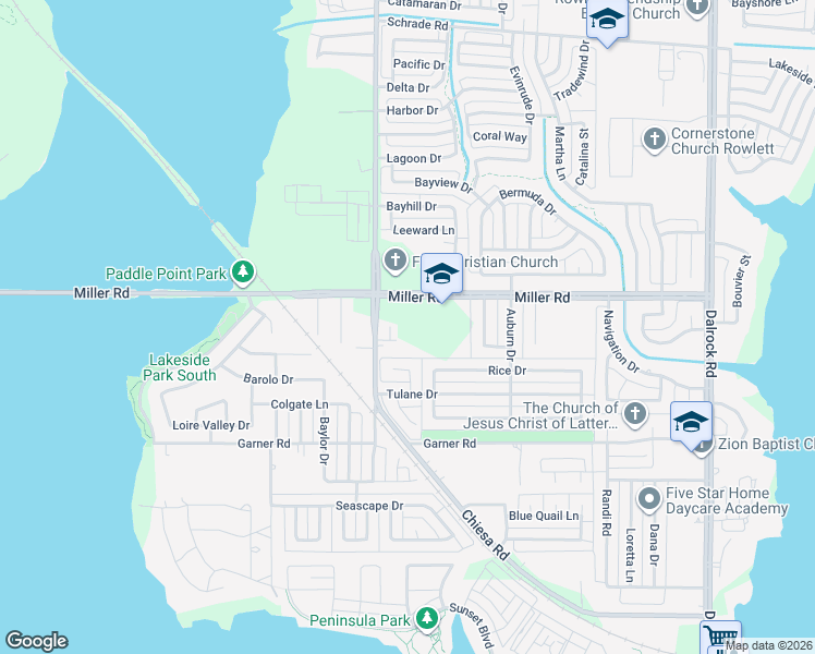 map of restaurants, bars, coffee shops, grocery stores, and more near 7500 Miller Road in Rowlett