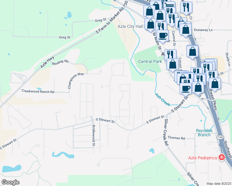 map of restaurants, bars, coffee shops, grocery stores, and more near 208 Turpin Drive in Azle