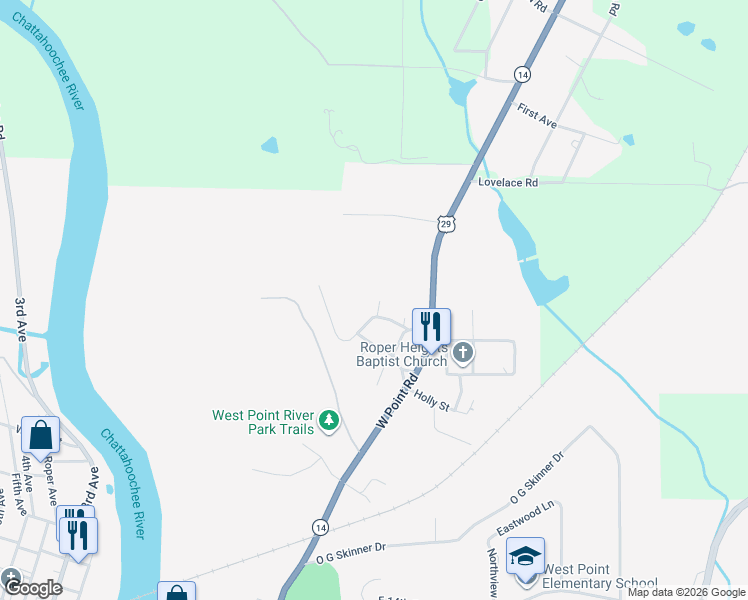 map of restaurants, bars, coffee shops, grocery stores, and more near 201 Rabern Street in West Point