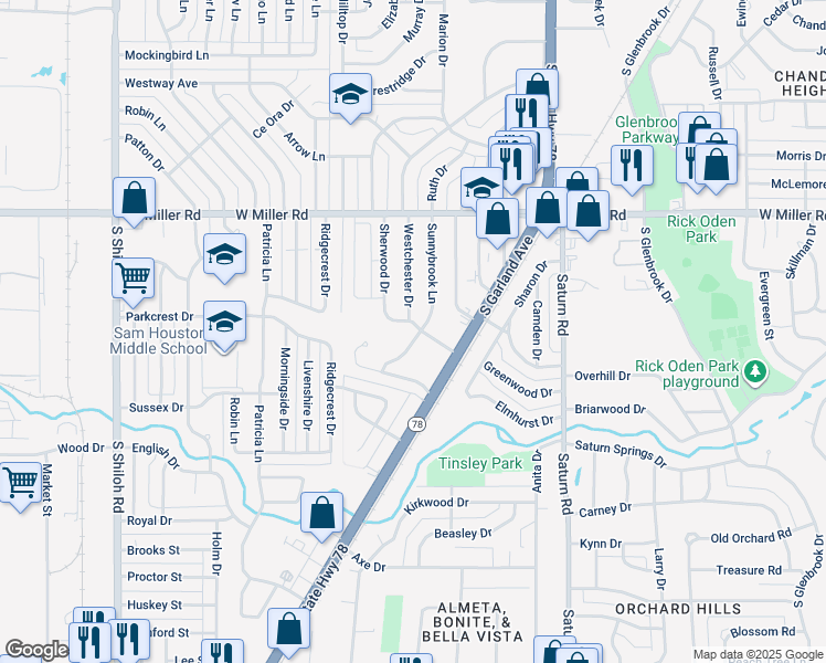 map of restaurants, bars, coffee shops, grocery stores, and more near 2101 Sunnybrook Lane in Garland