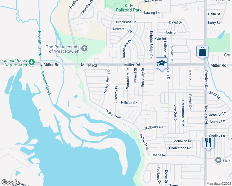 map of restaurants, bars, coffee shops, grocery stores, and more near 1800 Lakeway Drive in Rowlett