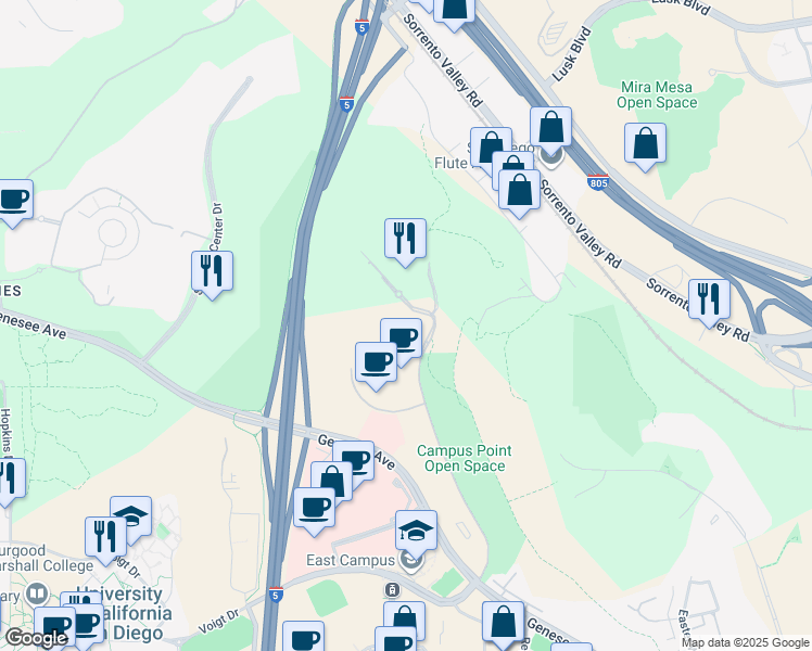 map of restaurants, bars, coffee shops, grocery stores, and more near 10290 Campus Point Dr in San Diego