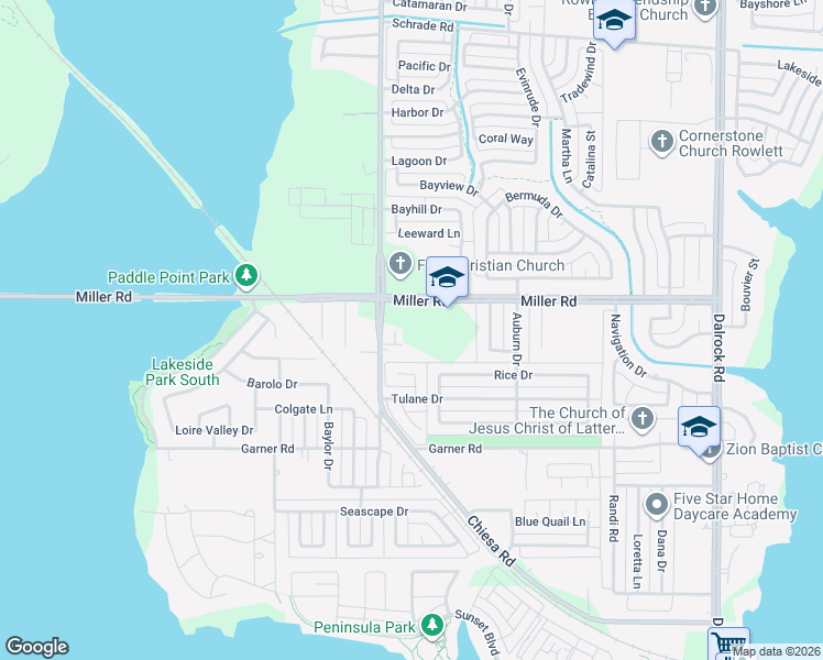map of restaurants, bars, coffee shops, grocery stores, and more near 7500 Miller Road in Rowlett