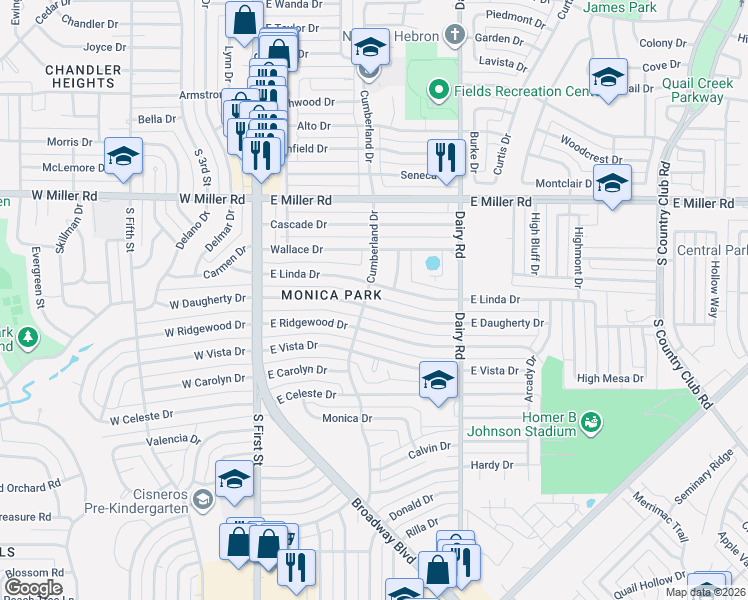 map of restaurants, bars, coffee shops, grocery stores, and more near 515 East Daugherty Drive in Garland