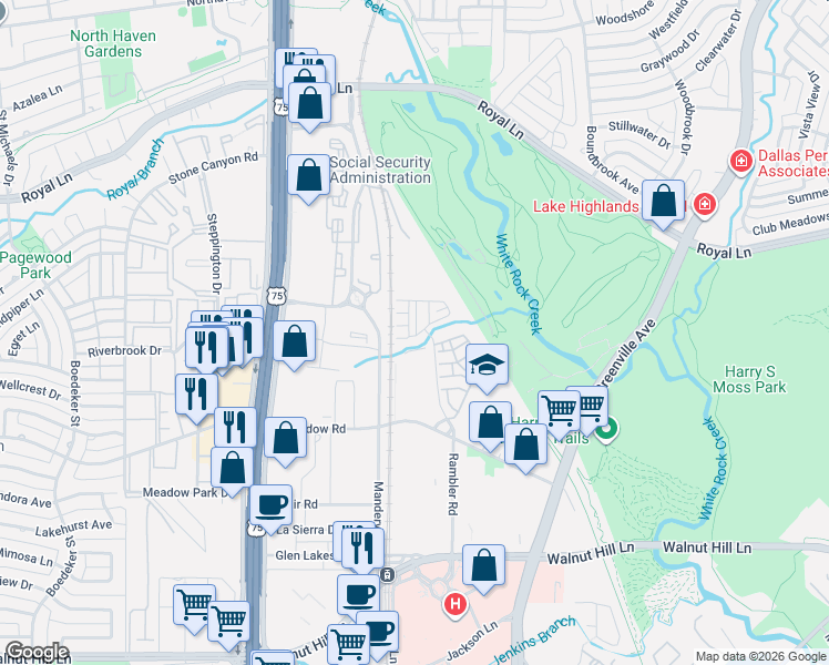 map of restaurants, bars, coffee shops, grocery stores, and more near Meadow Road in Dallas