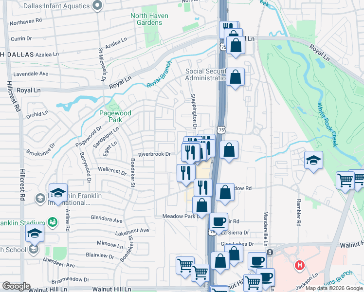 map of restaurants, bars, coffee shops, grocery stores, and more near 7879 Riverfall Drive in Dallas