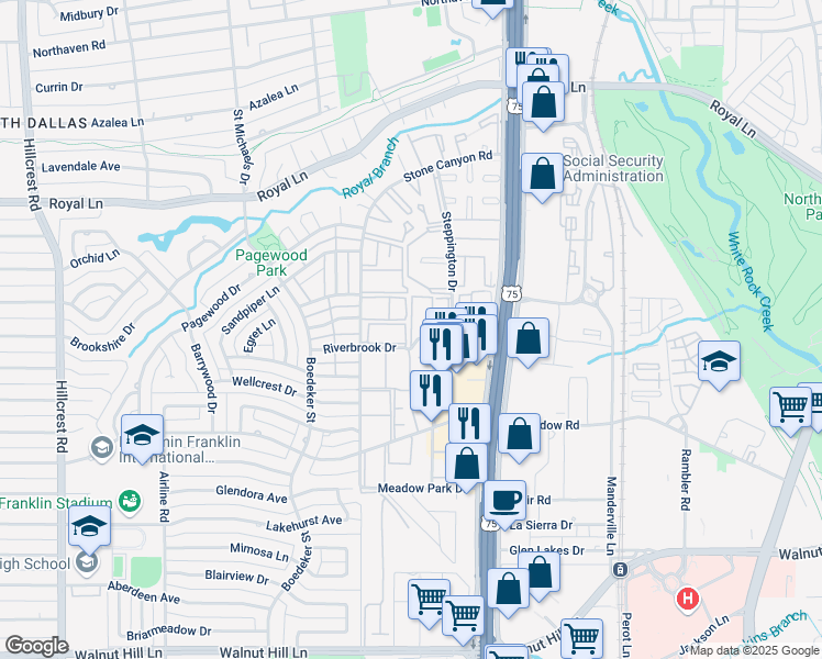 map of restaurants, bars, coffee shops, grocery stores, and more near 7879 Riverfall Drive in Dallas