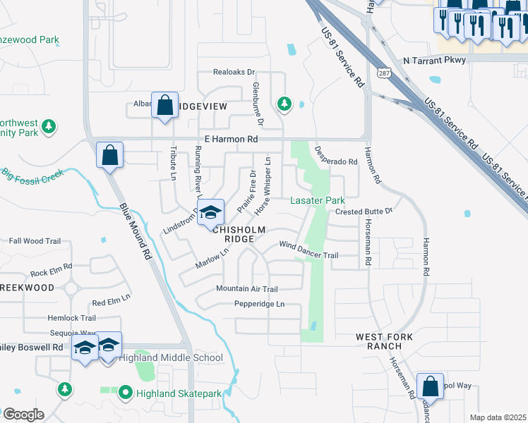 map of restaurants, bars, coffee shops, grocery stores, and more near 8332 Horse Whisper Lane in Fort Worth