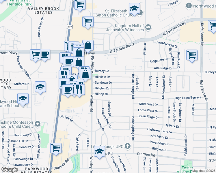 map of restaurants, bars, coffee shops, grocery stores, and more near 5945 Hillglen Drive in Watauga