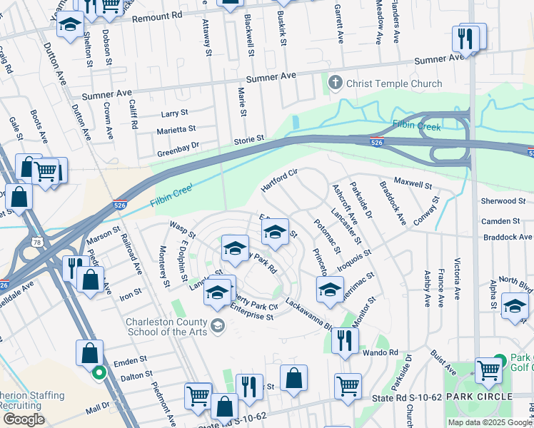 map of restaurants, bars, coffee shops, grocery stores, and more near 5265 East Dolphin Street in North Charleston