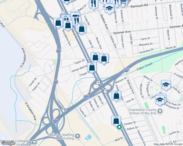 map of restaurants, bars, coffee shops, grocery stores, and more near 5267 Rivers Avenue in North Charleston