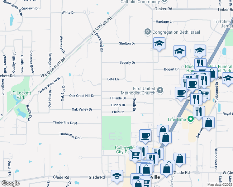 map of restaurants, bars, coffee shops, grocery stores, and more near 516 Hillside Drive in Colleyville