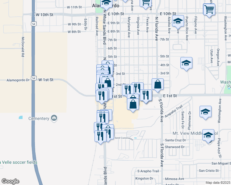 map of restaurants, bars, coffee shops, grocery stores, and more near 106 North New York Avenue in Alamogordo