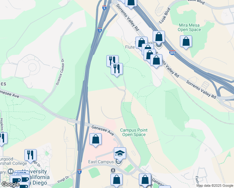map of restaurants, bars, coffee shops, grocery stores, and more near 10290 Campus Point Drive in San Diego