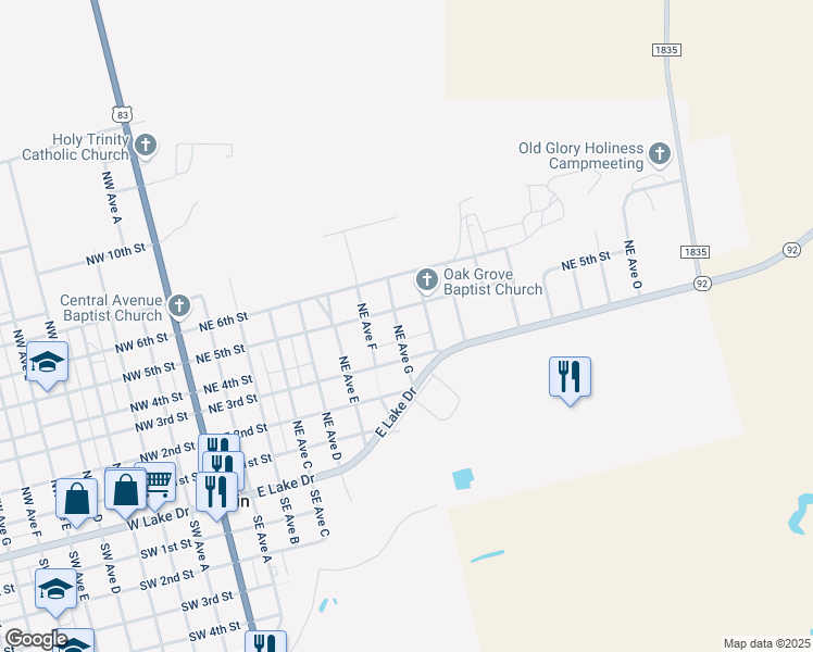 map of restaurants, bars, coffee shops, grocery stores, and more near 417 Northeast Avenue G in Hamlin