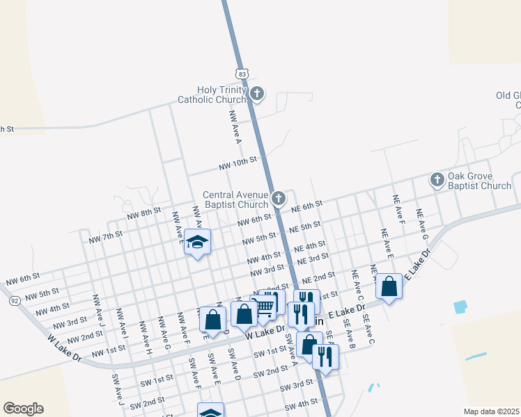 map of restaurants, bars, coffee shops, grocery stores, and more near 631 Northwest Avenue A in Hamlin