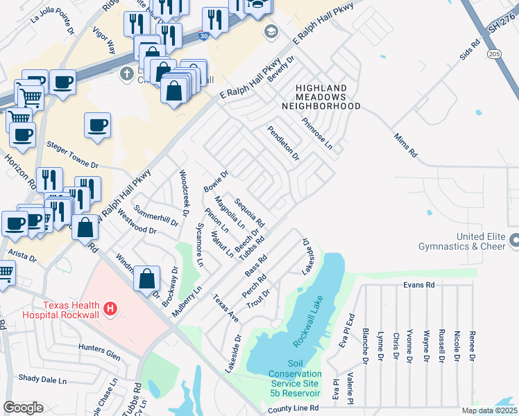 map of restaurants, bars, coffee shops, grocery stores, and more near 223 Dartmouth Drive in Rockwall