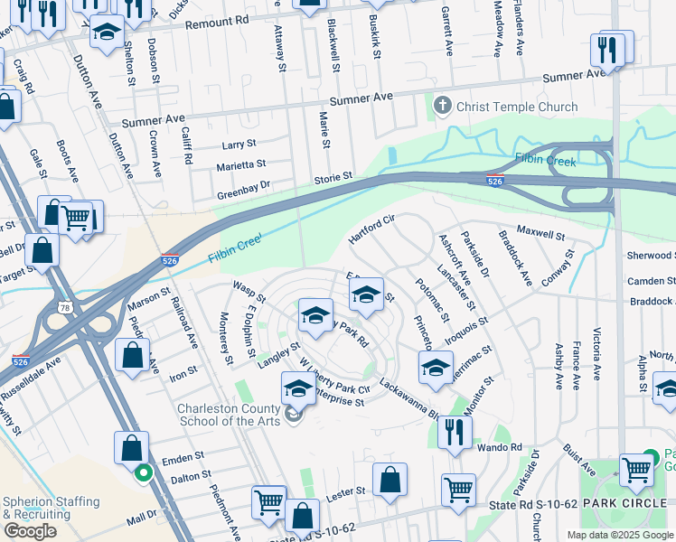 map of restaurants, bars, coffee shops, grocery stores, and more near 5258 East Dolphin Street in North Charleston