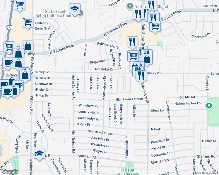 map of restaurants, bars, coffee shops, grocery stores, and more near 8213 April Lane in Watauga