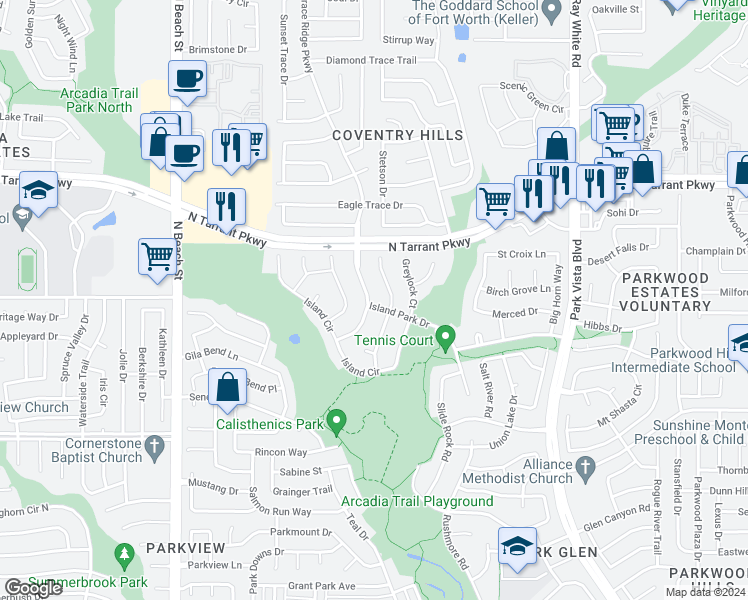 map of restaurants, bars, coffee shops, grocery stores, and more near 8400 Trace Ridge Parkway in Fort Worth