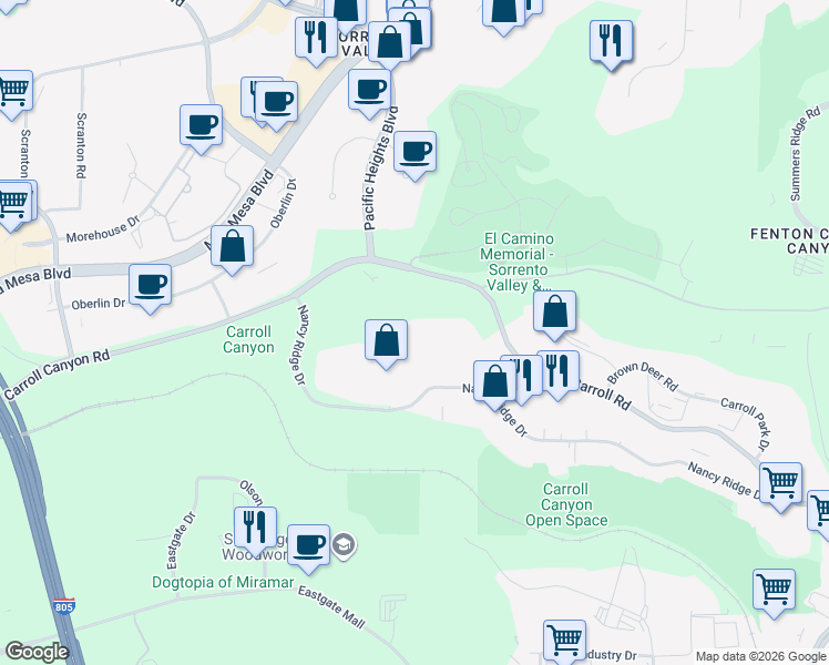 map of restaurants, bars, coffee shops, grocery stores, and more near 6118 Nancy Ridge Drive in San Diego